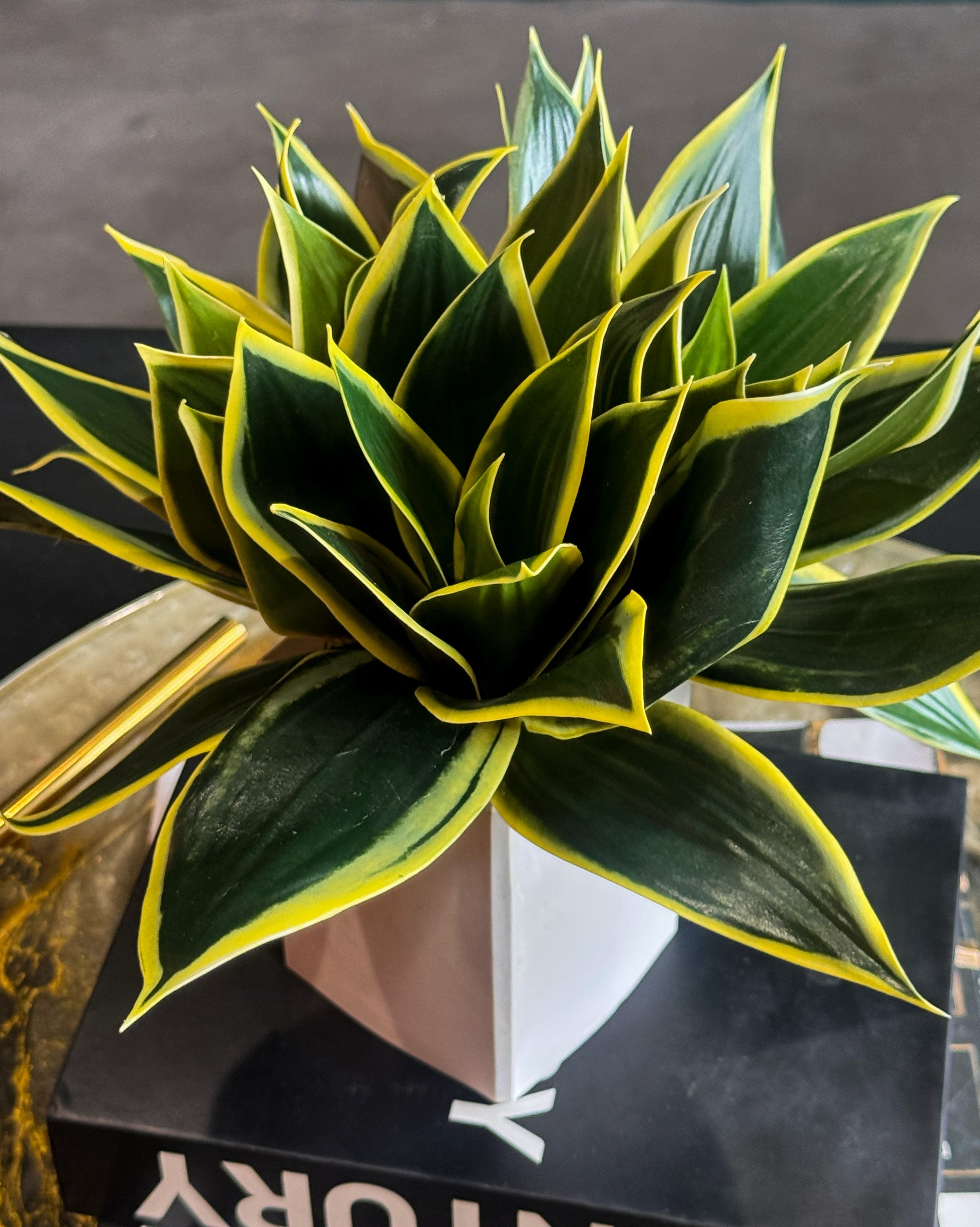 Real Touch faux Sansevieria displayed in a contemporary cement planter.