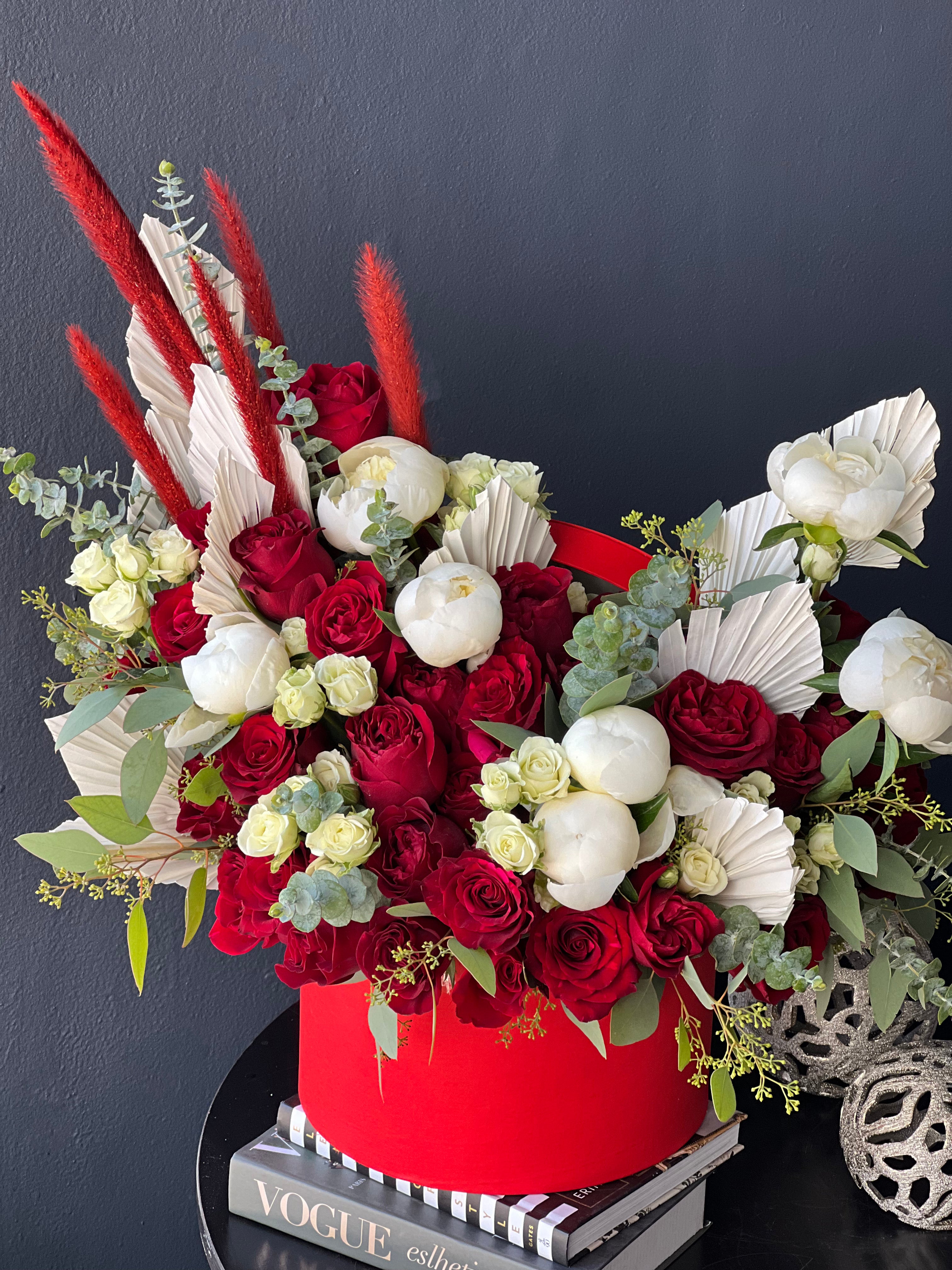 Red roses and white peonies luxury flower arrangement Miami