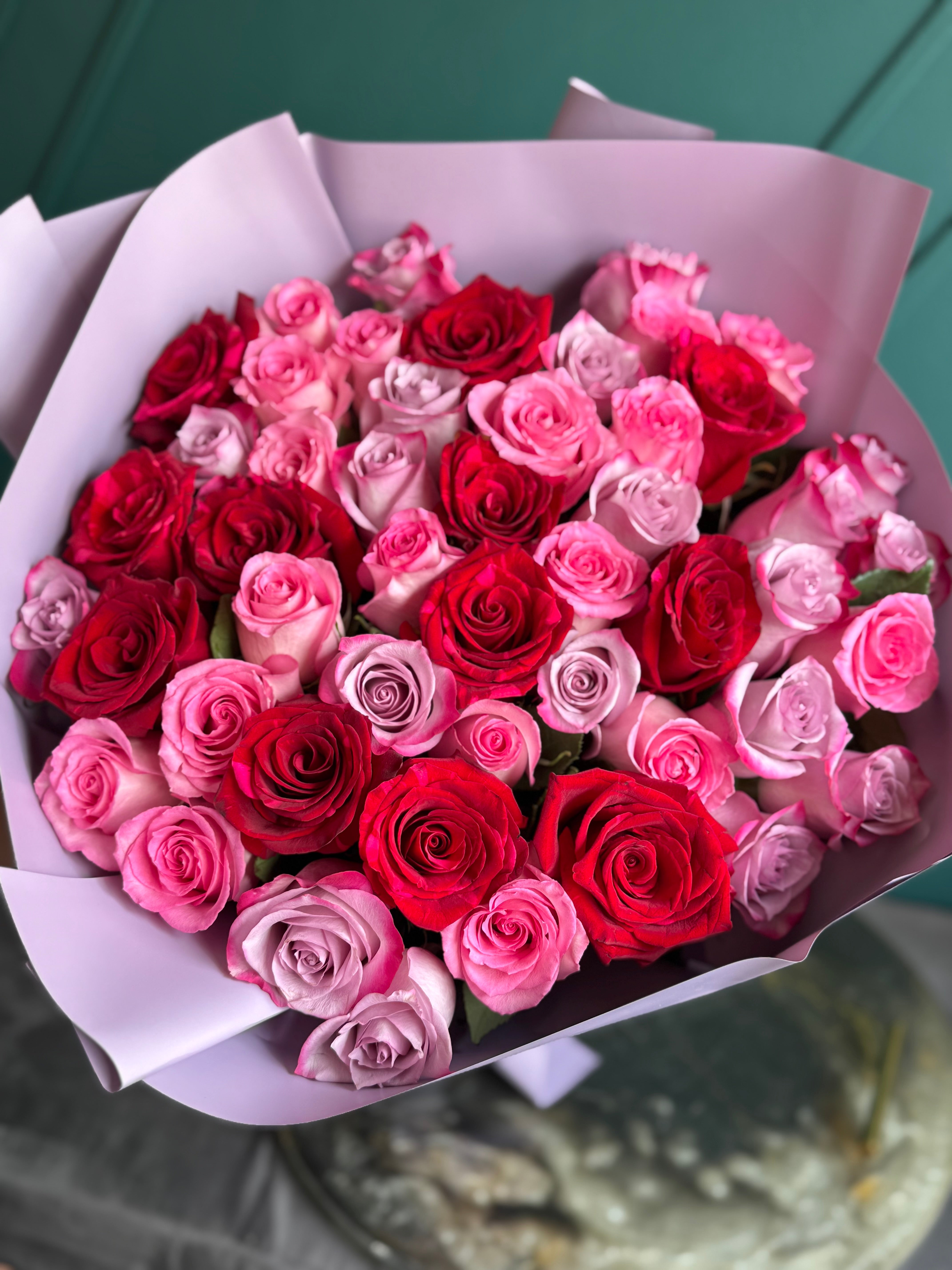 Romantic 50 roses bouquet in red pink and purple