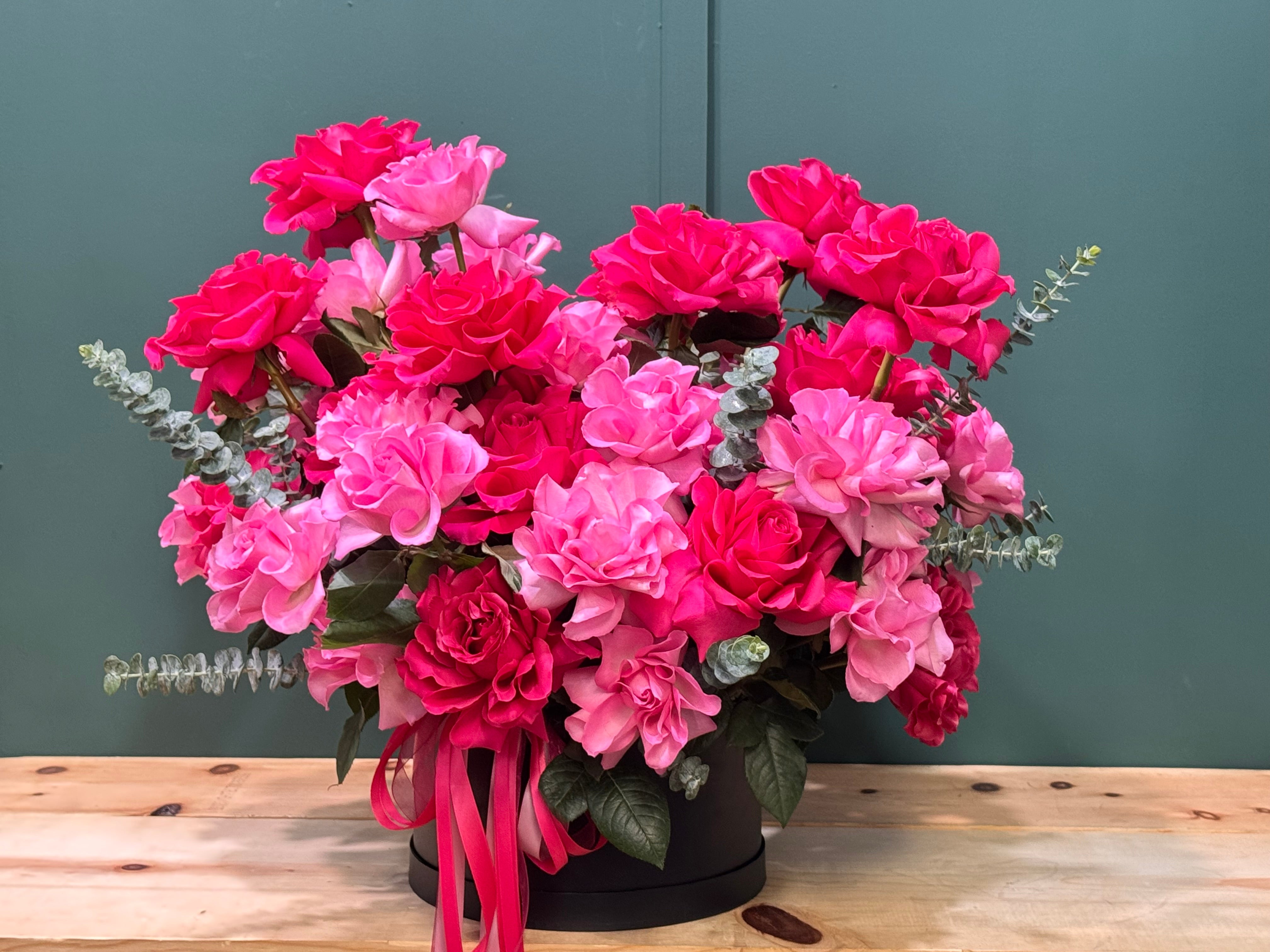 Romantic French rose arrangement in a luxury black box for Miami delivery