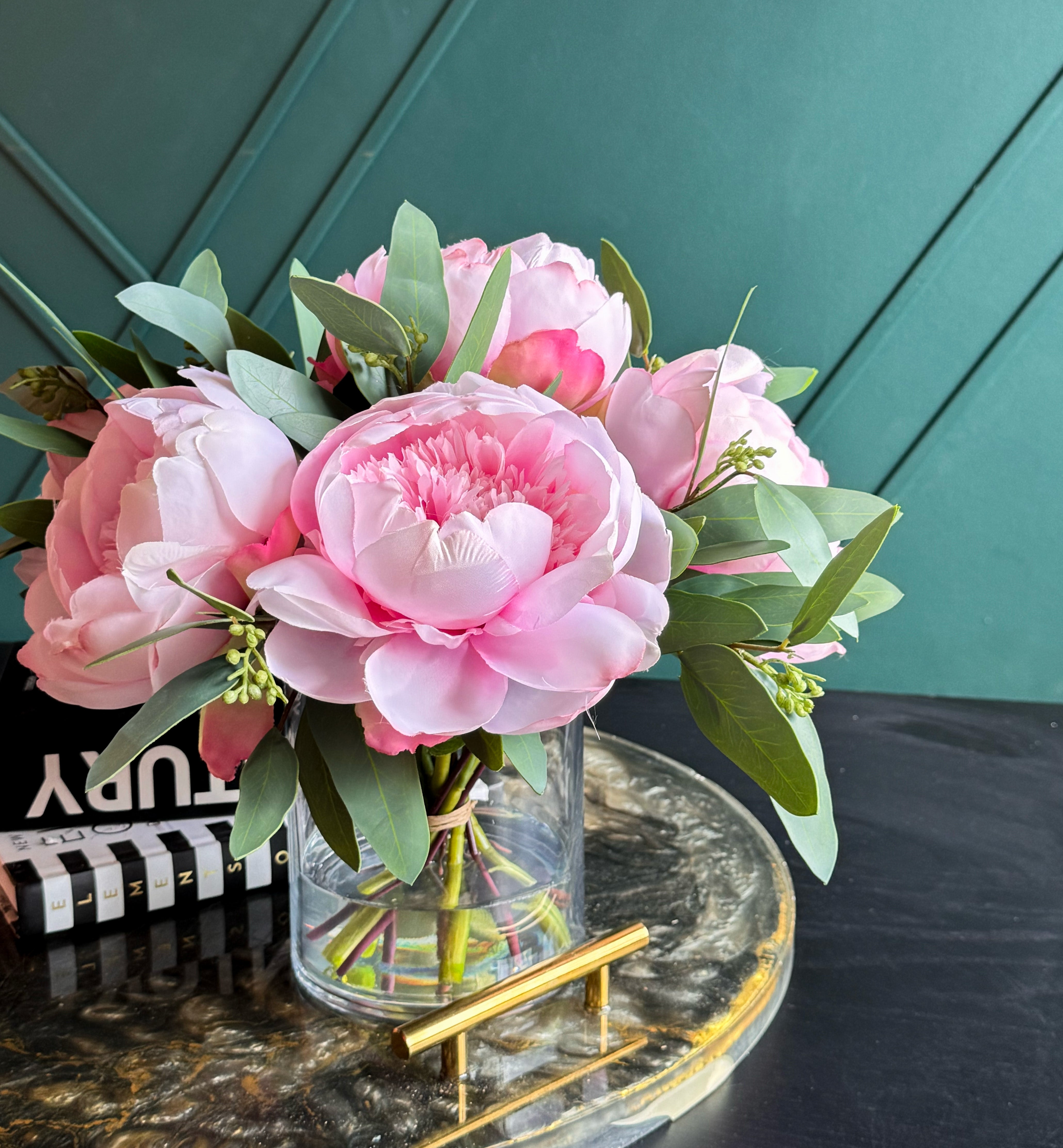 Romantic blush pink peony arrangement perfect for entryways, offices, and dining tables.