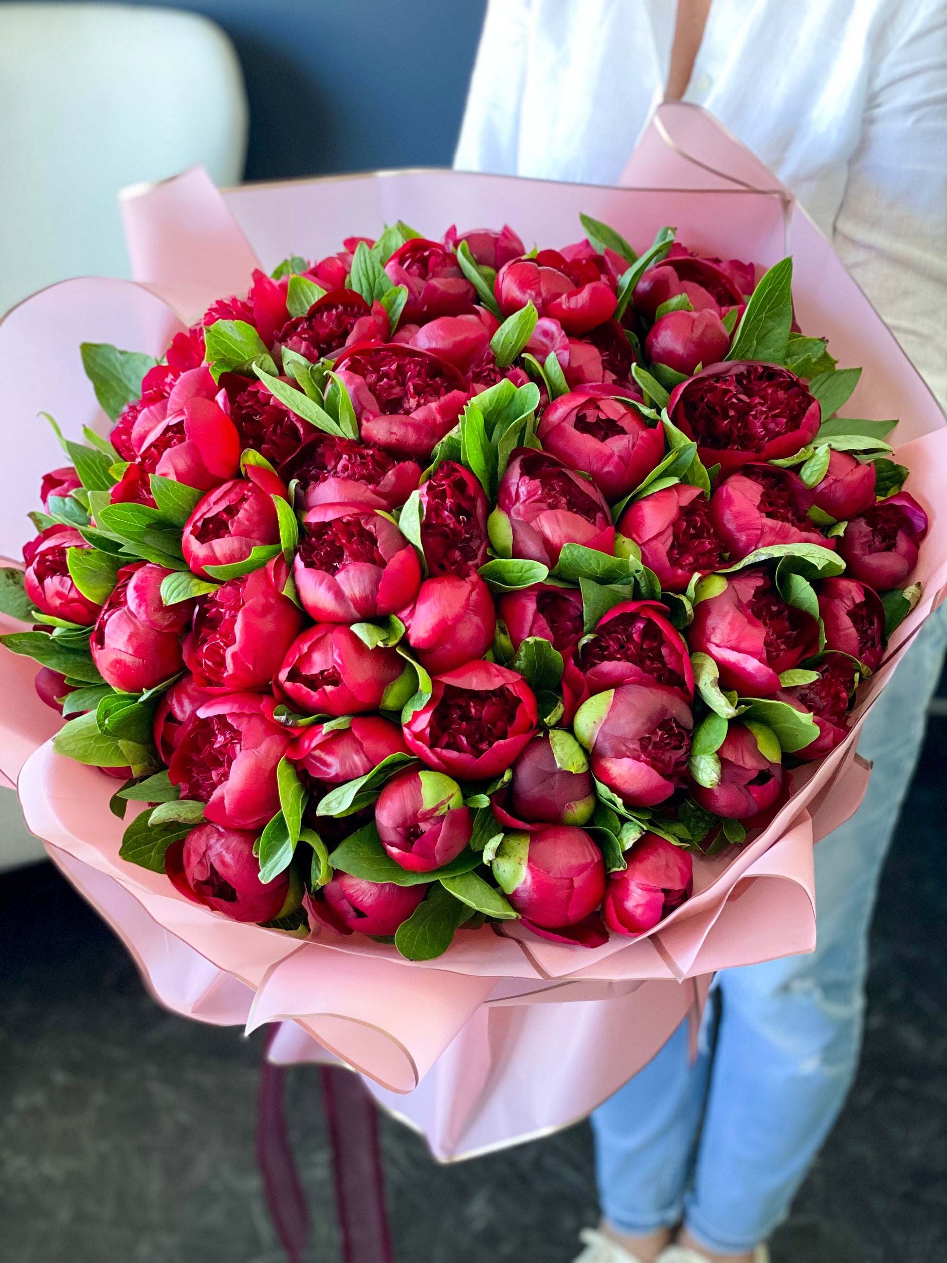Romantic burgundy peony bouquet handcrafted in Miami