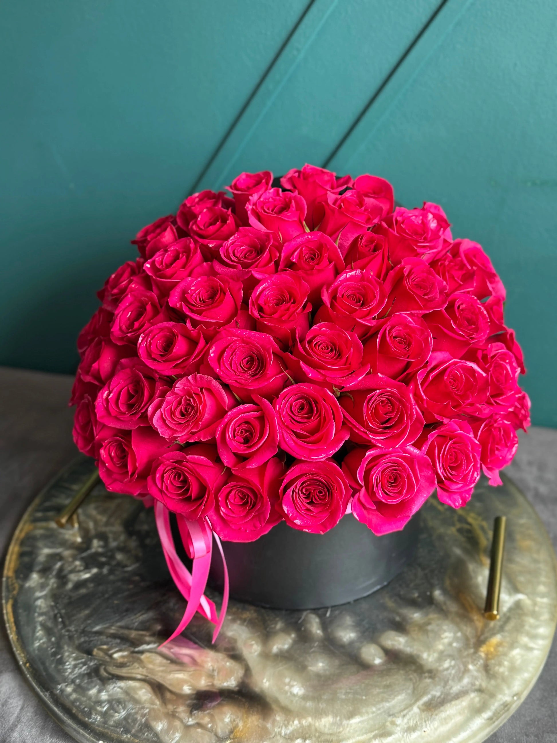 Romantic hot pink rose arrangement in a luxury box