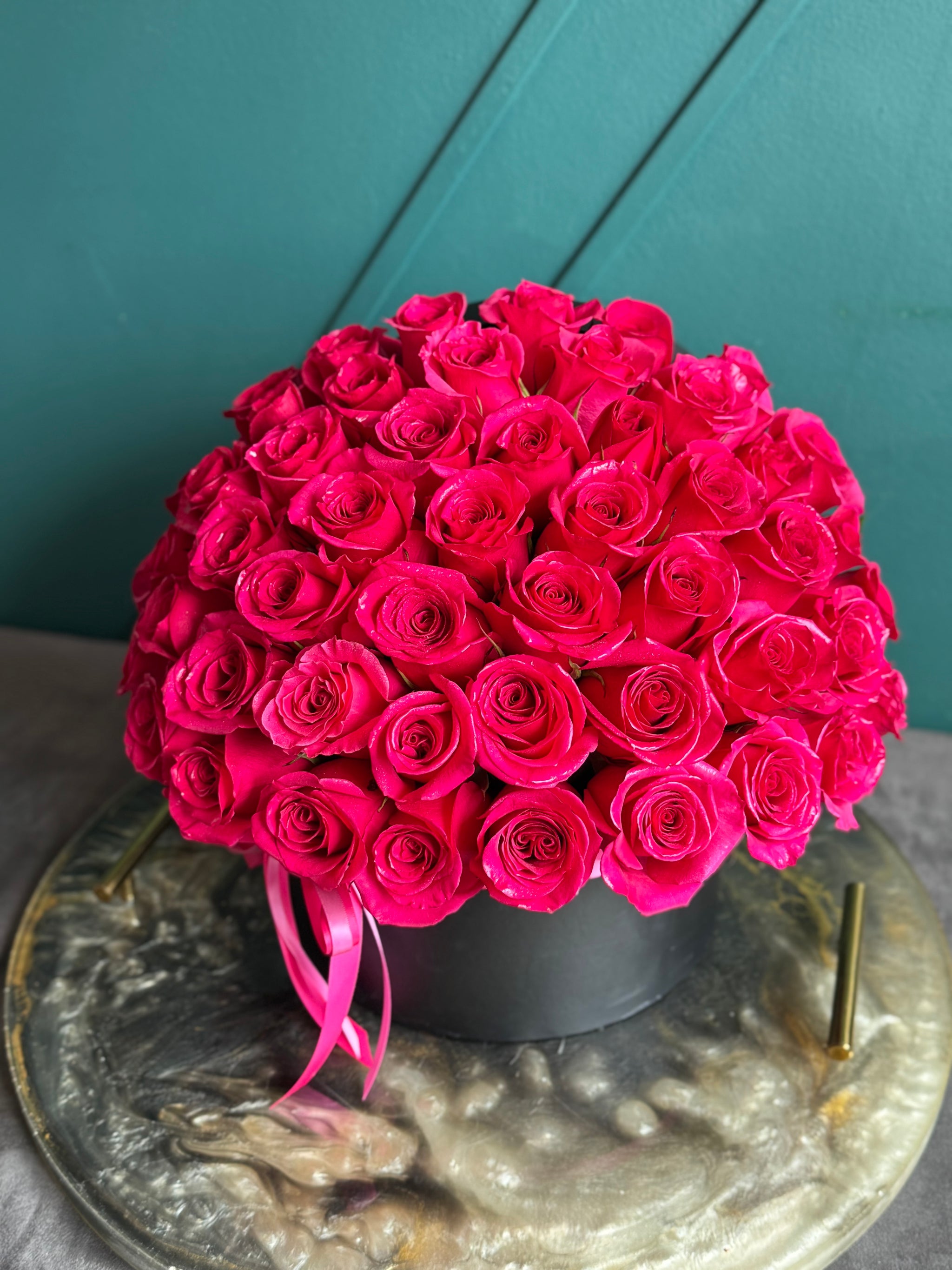 Romantic hot pink rose arrangement in a luxury box
