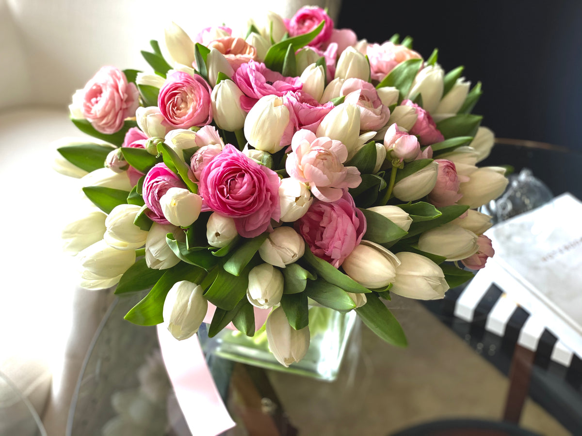 Romantic pink ranunculus and white tulip arrangement Miami