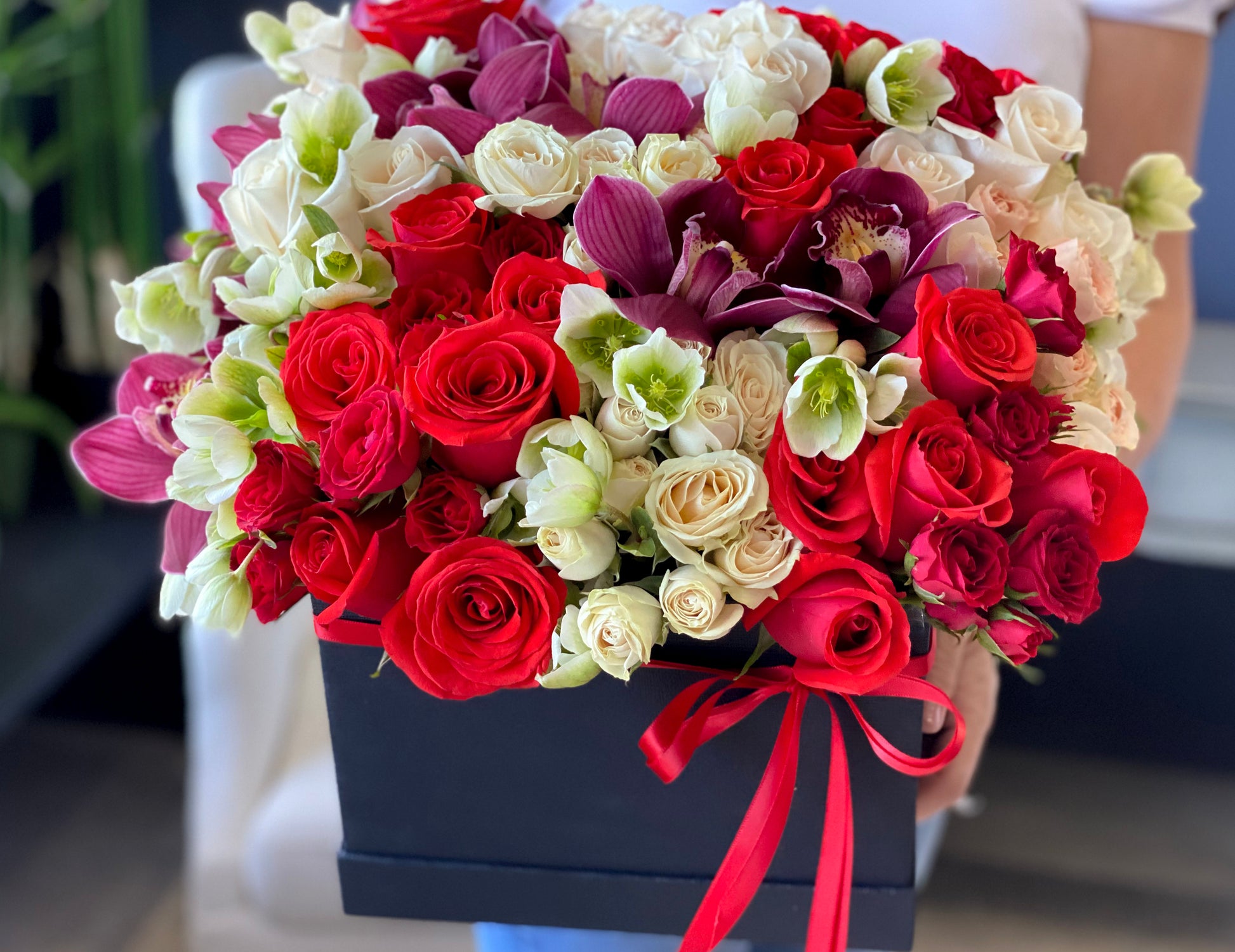 Romantic red rose and white rose flower box with orchids Miami