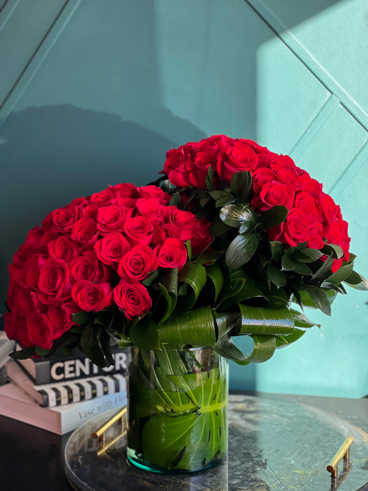 Romantic red roses in a vase in Miami Beach