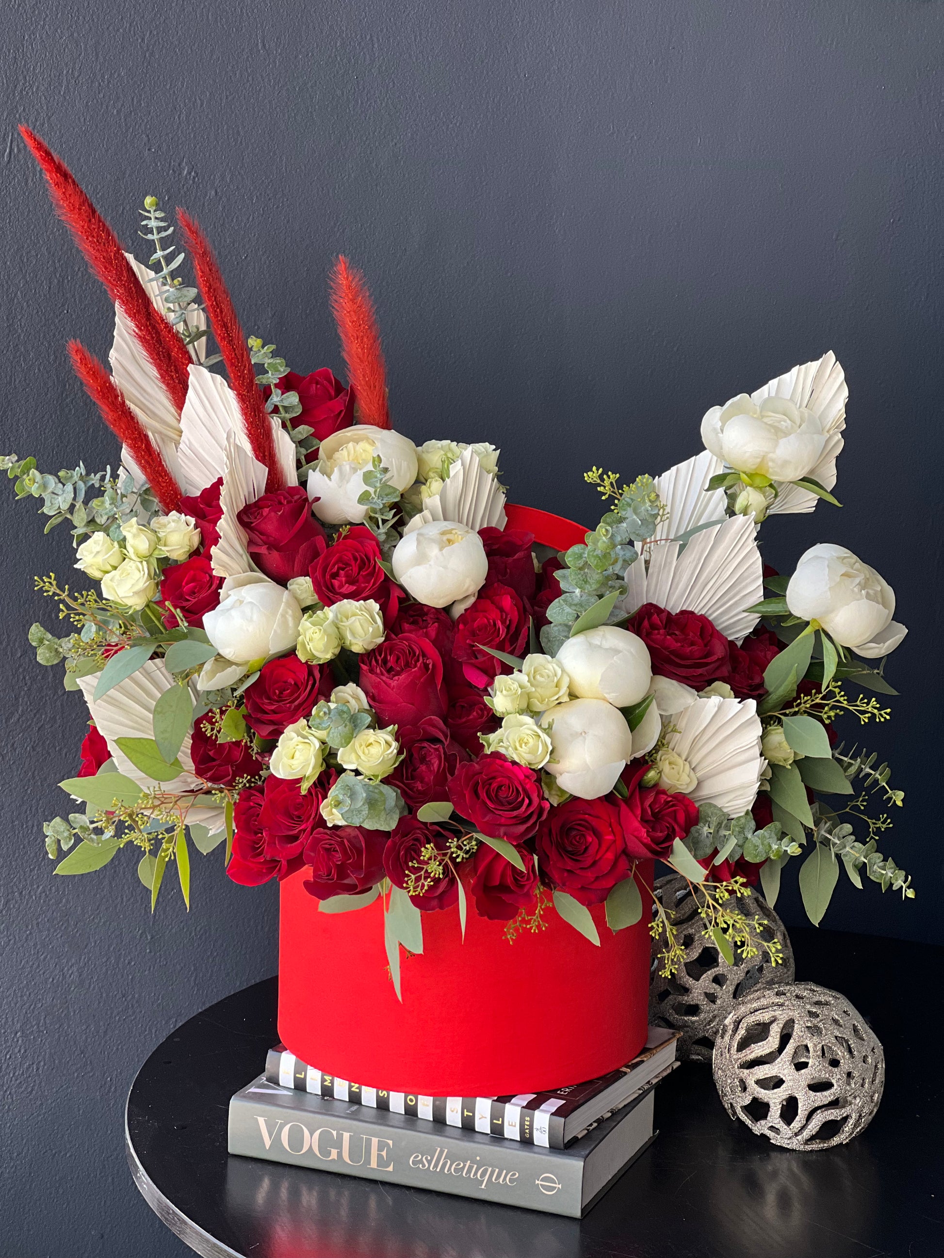 Romantic red roses with white peonies and eucalyptus Miami