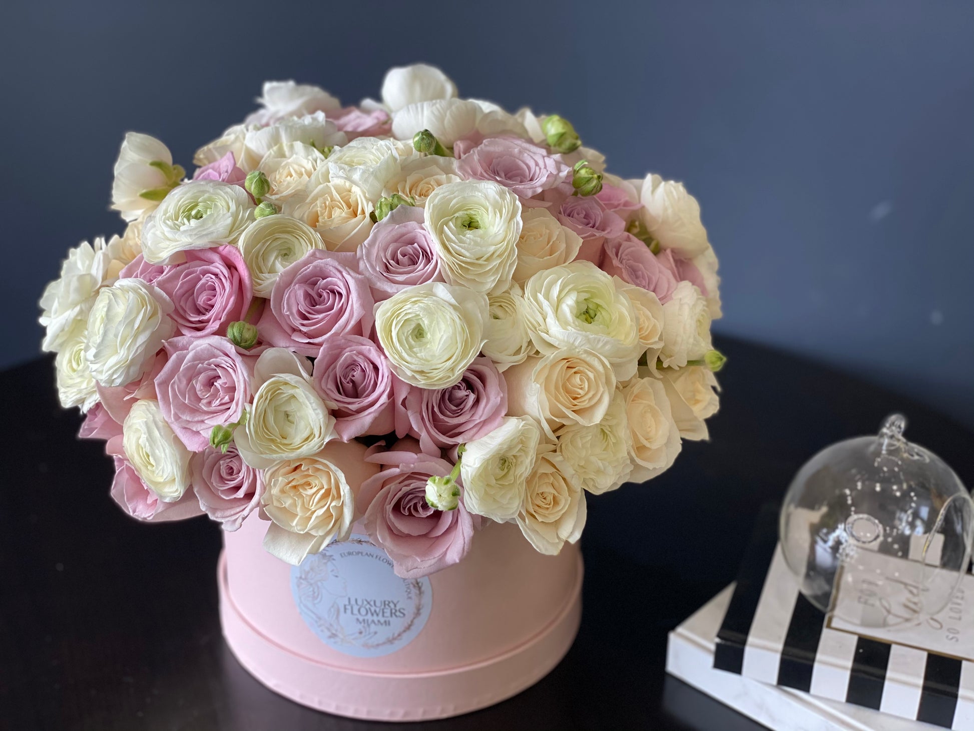 Romantic roses and ranunculus arrangement Miami