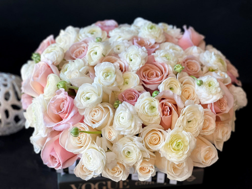 Soft pink and white rose arrangement with ranunculus Miami Beach