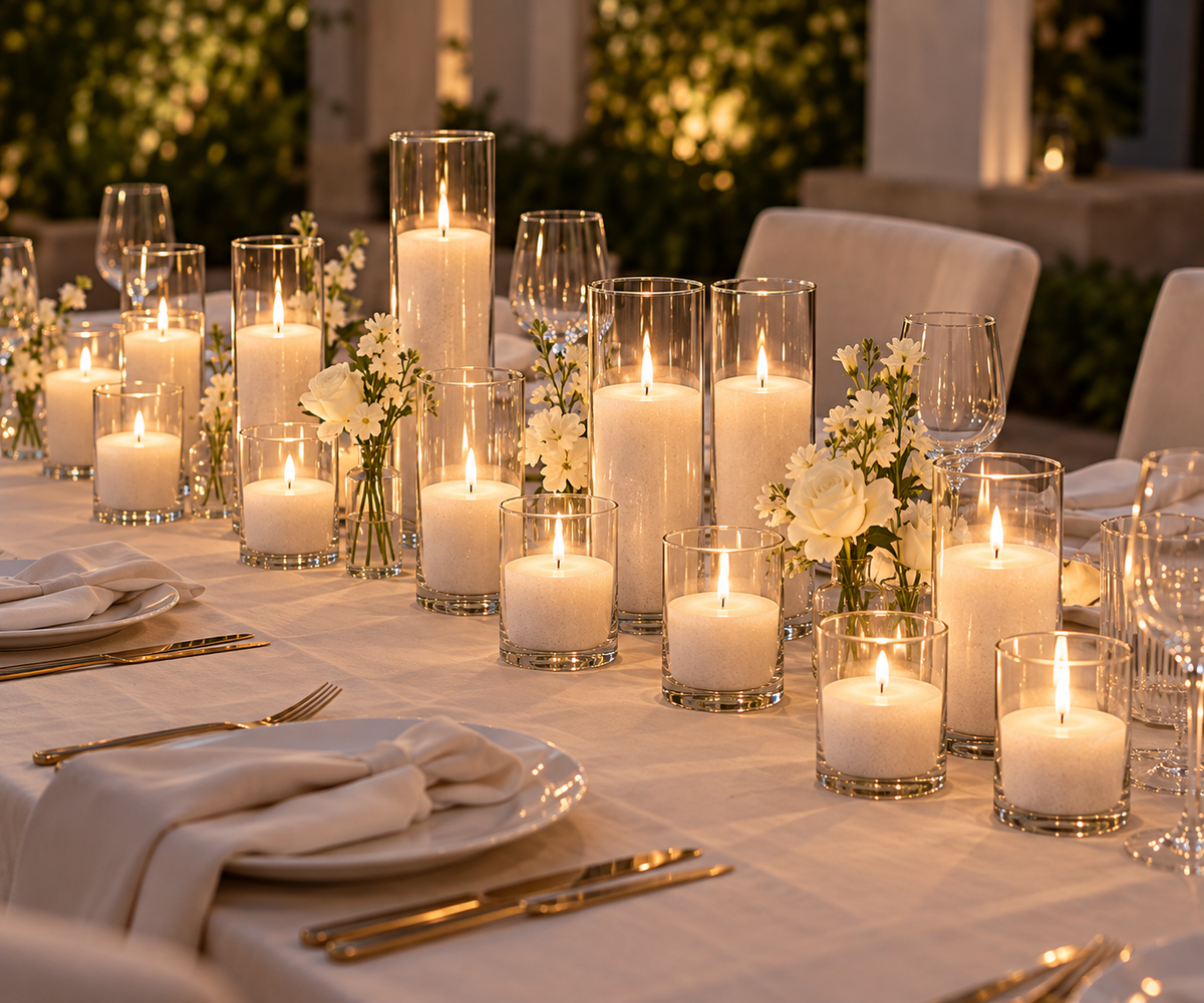 Tabletop candle rental with fresh floral accent vases