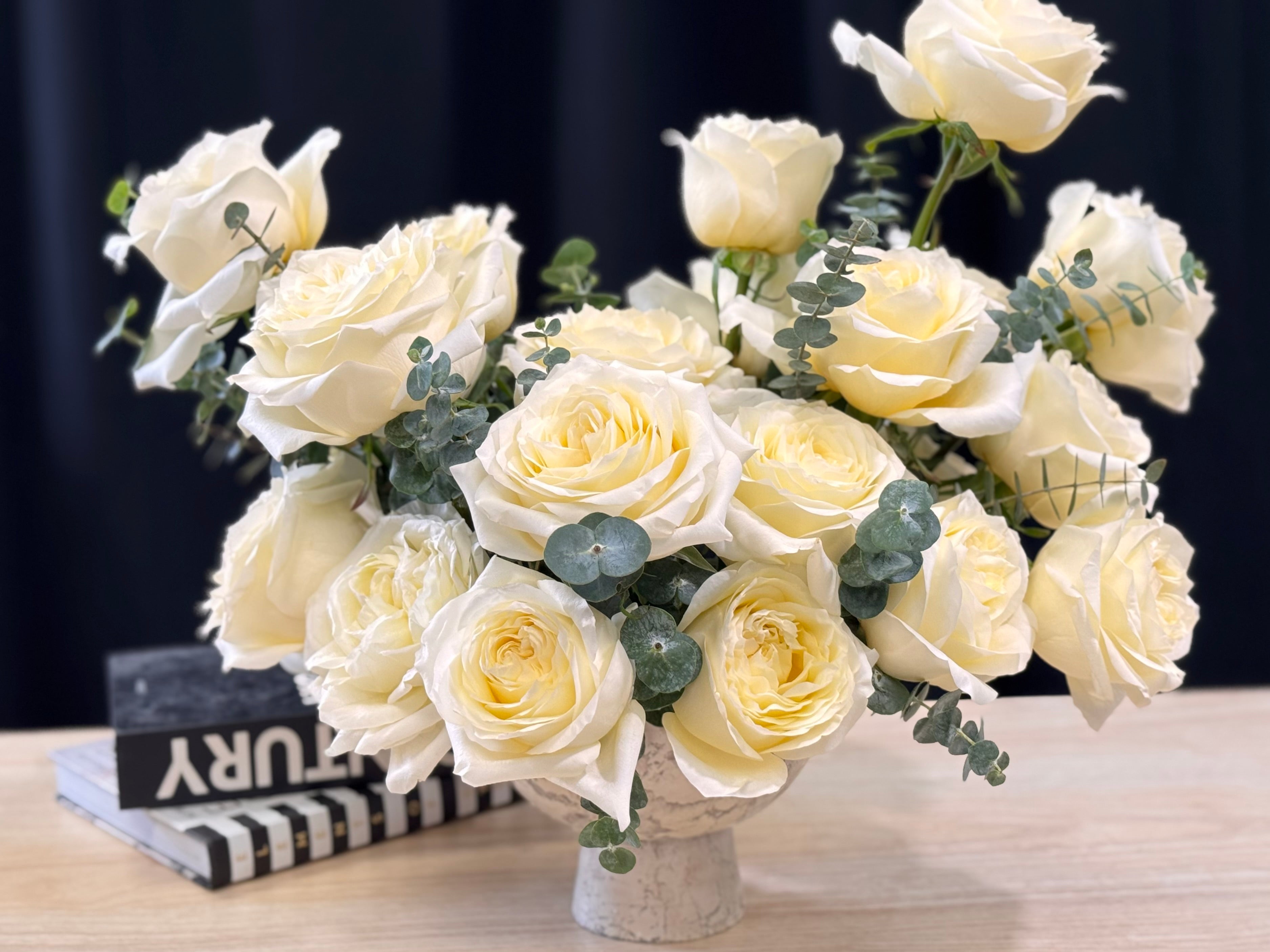 Two dozen white French roses arrangement Miami
