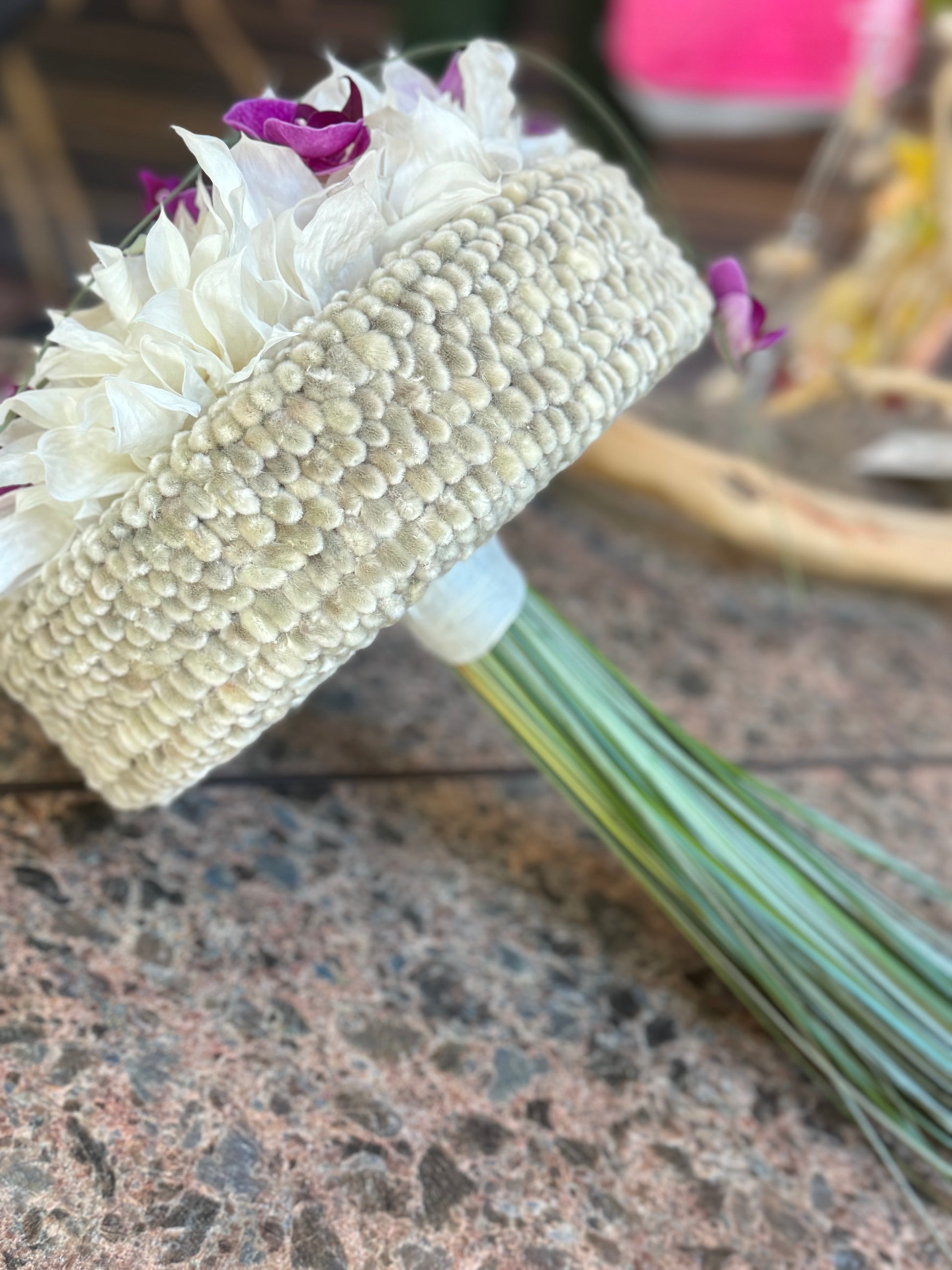 Unique orchid bridal bouquet with ivory preserved elements