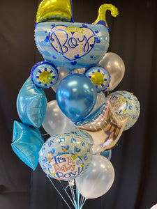Welcome baby balloon bouquet in blue white and metallic tones