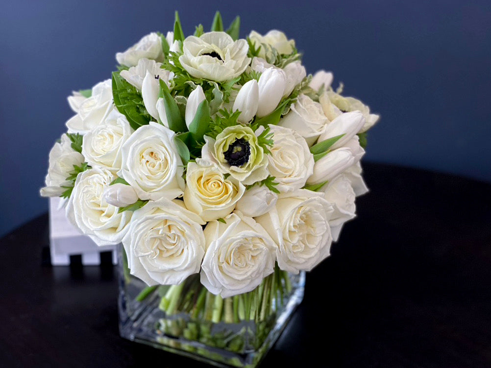 White Flower Arrangement in clear cube vase Miami
