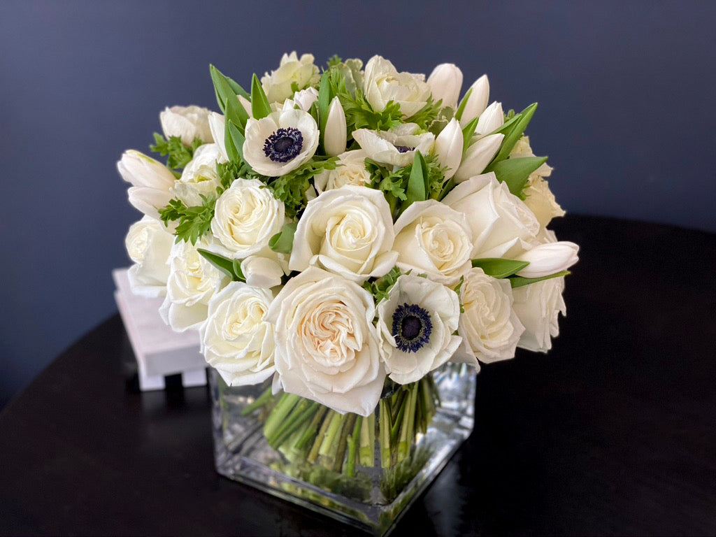 White Flower Arrangement with roses tulips and anemones Miami
