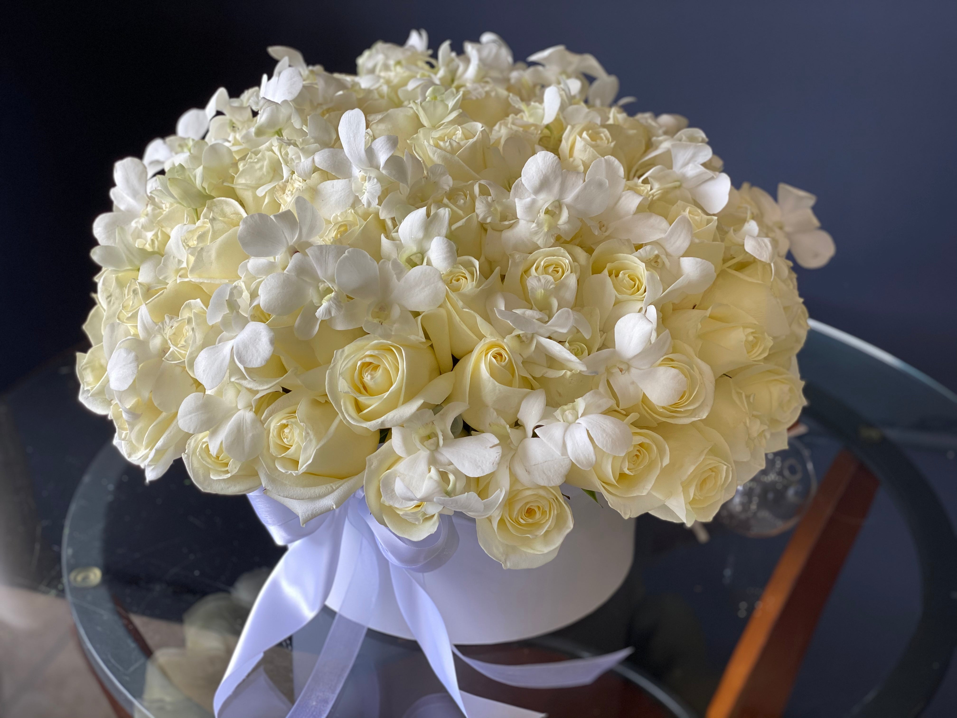 White Romance white roses and orchids arrangement Miami
