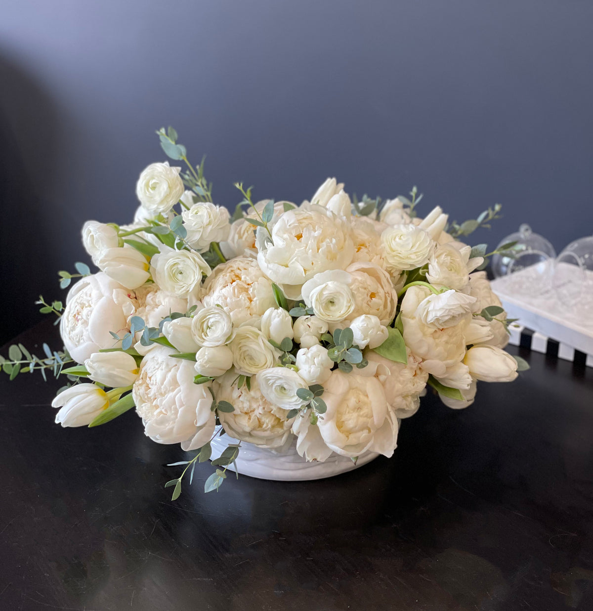 White peonies tulips ranunculus arrangement in Miami