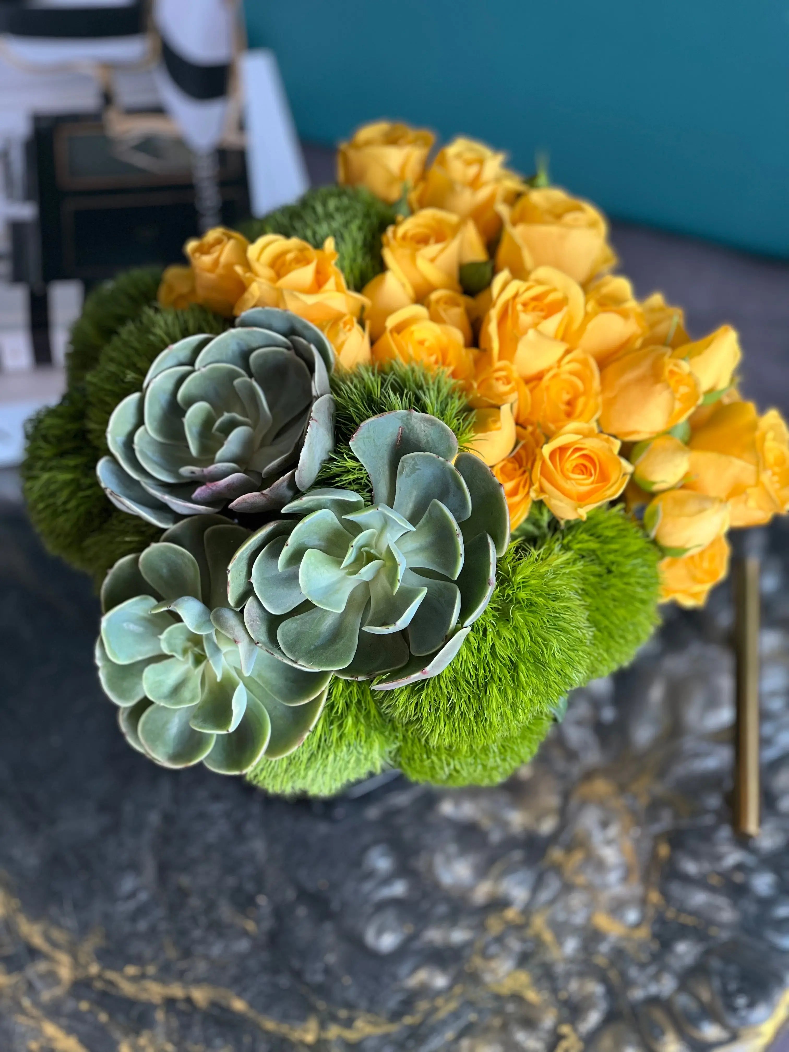Yellow mini roses and green succulent arrangement Miami