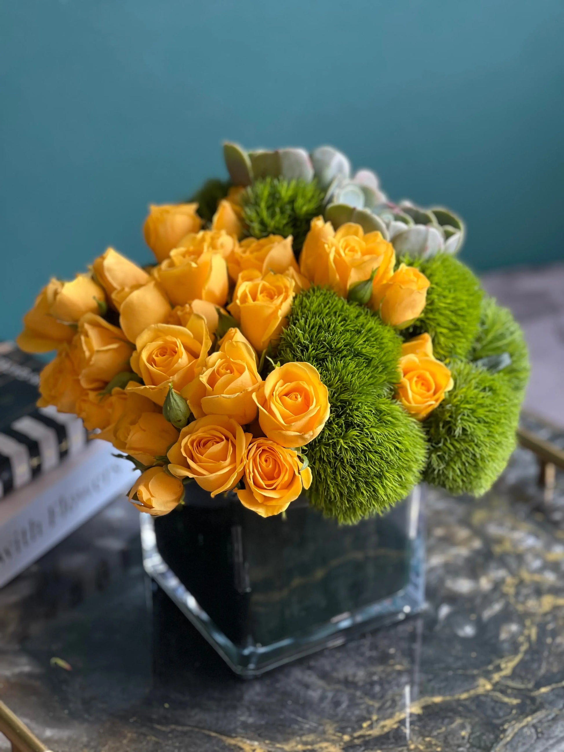 Yellow spray roses Miami flower arrangement in square glass vase