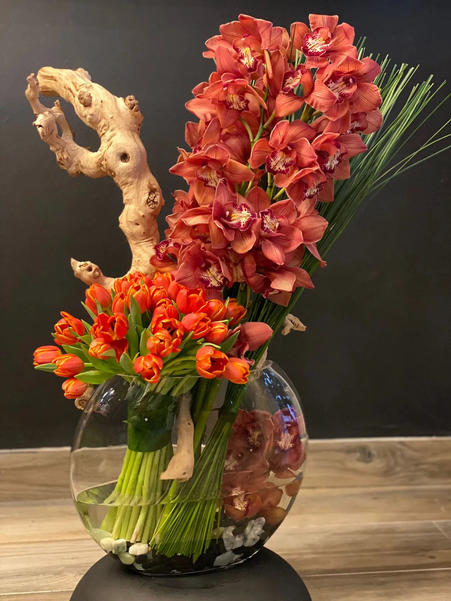 cymbidium orchids and tulips luxury arrangement Miami