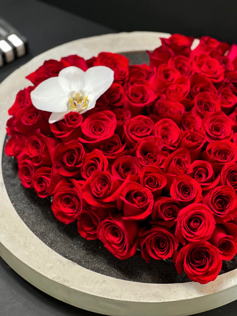 handmade cement tray with red roses luxury floral design Miami