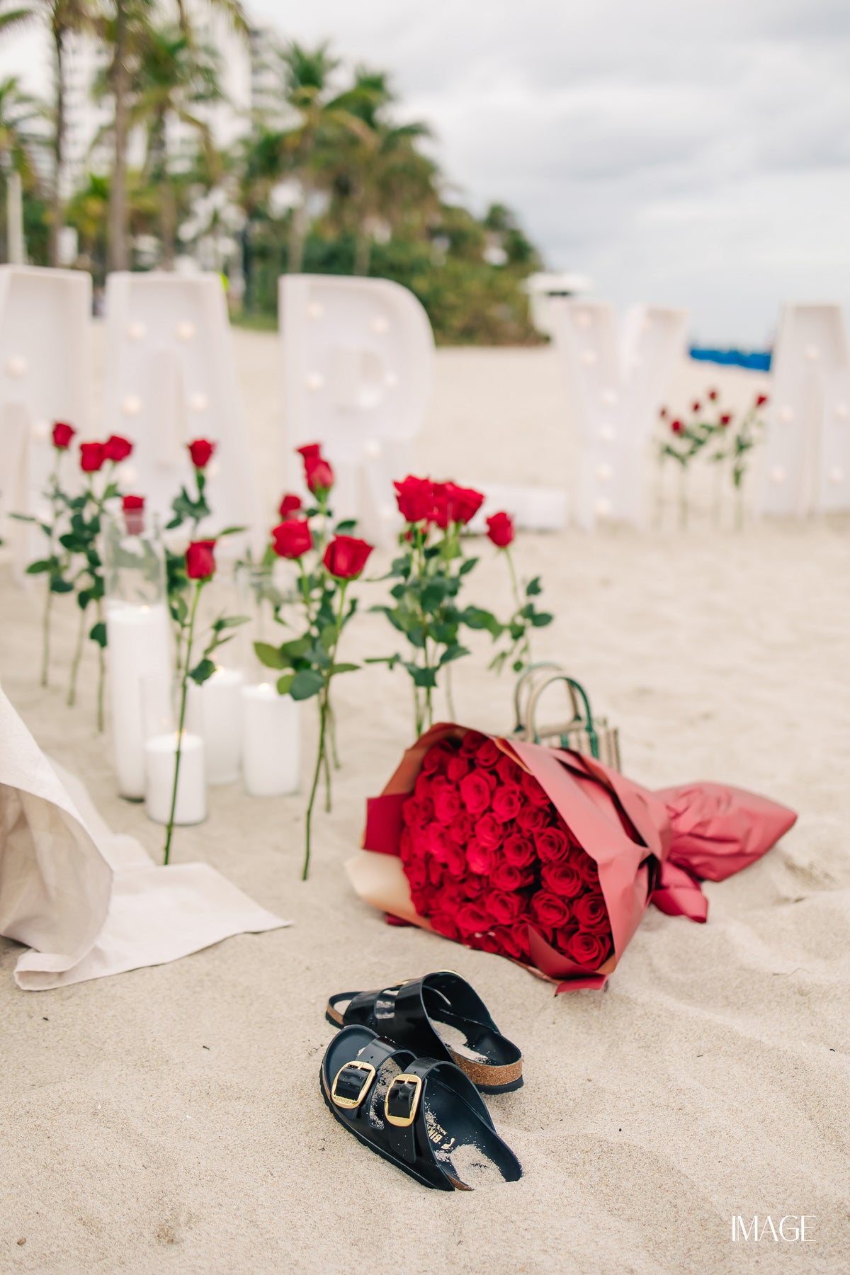 Miami picnic proposal setup with roses, candles and romantic details
