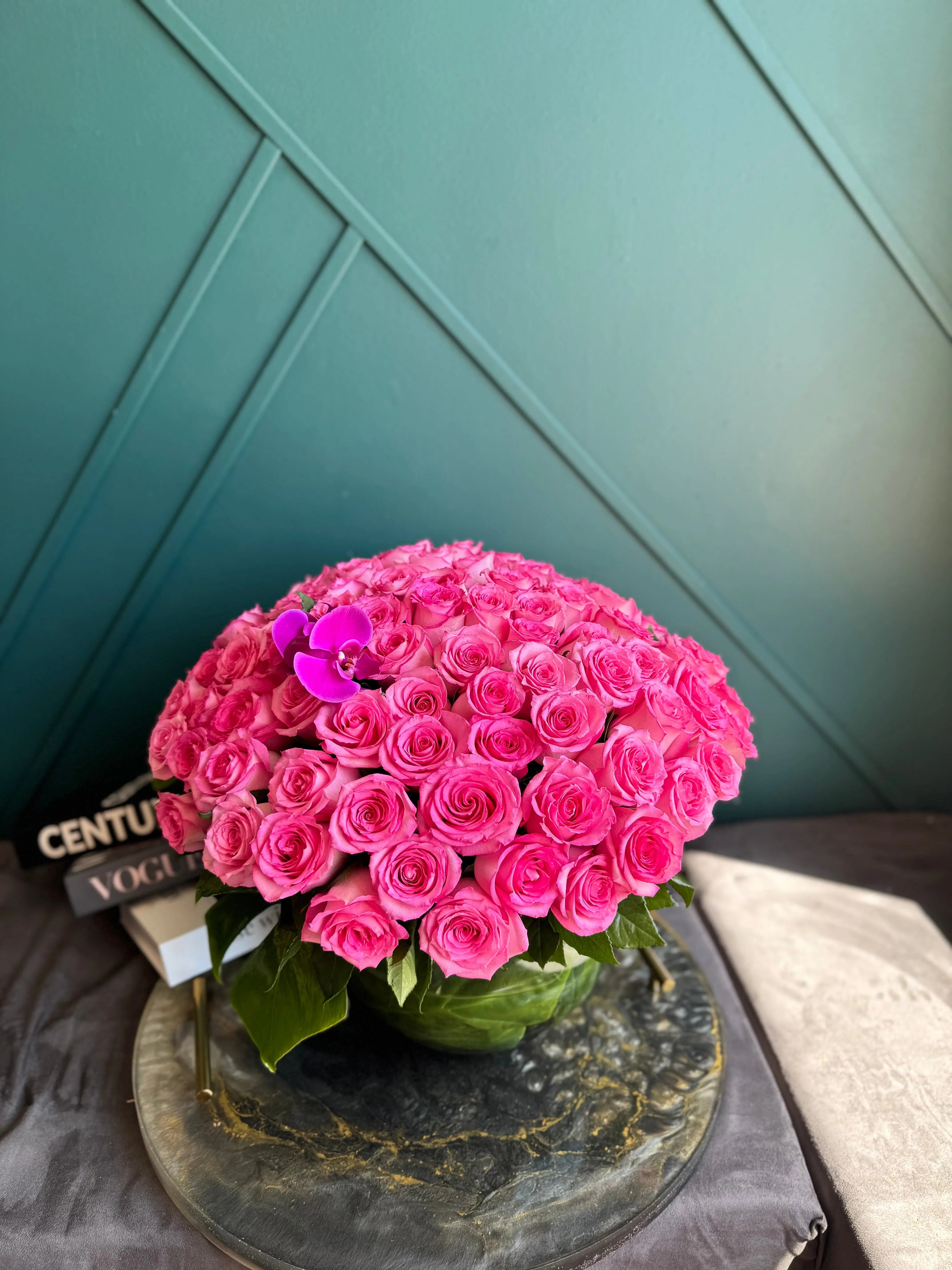 luxury pink rose arrangement in glass vase Miami