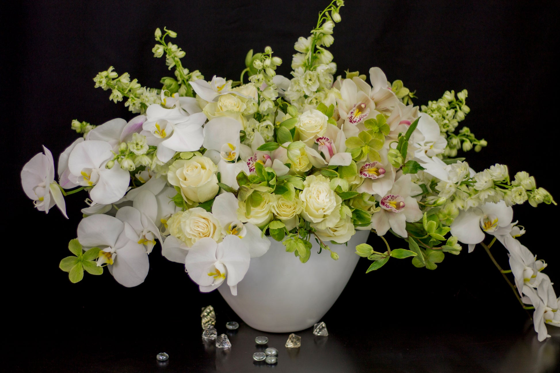 luxury white roses delphinium and orchids Miami