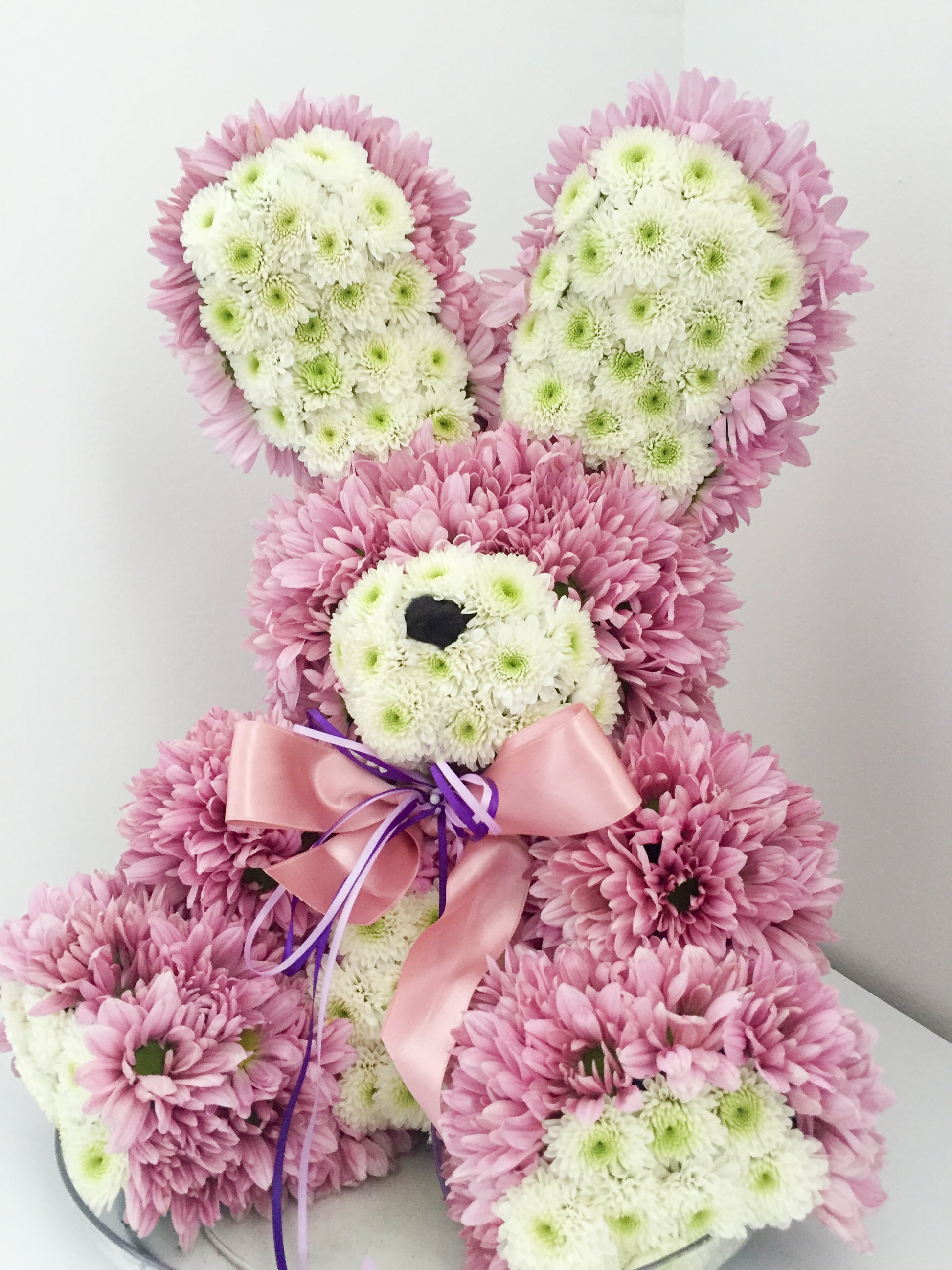 pink fresh flower rabbit made from real chrysanthemums