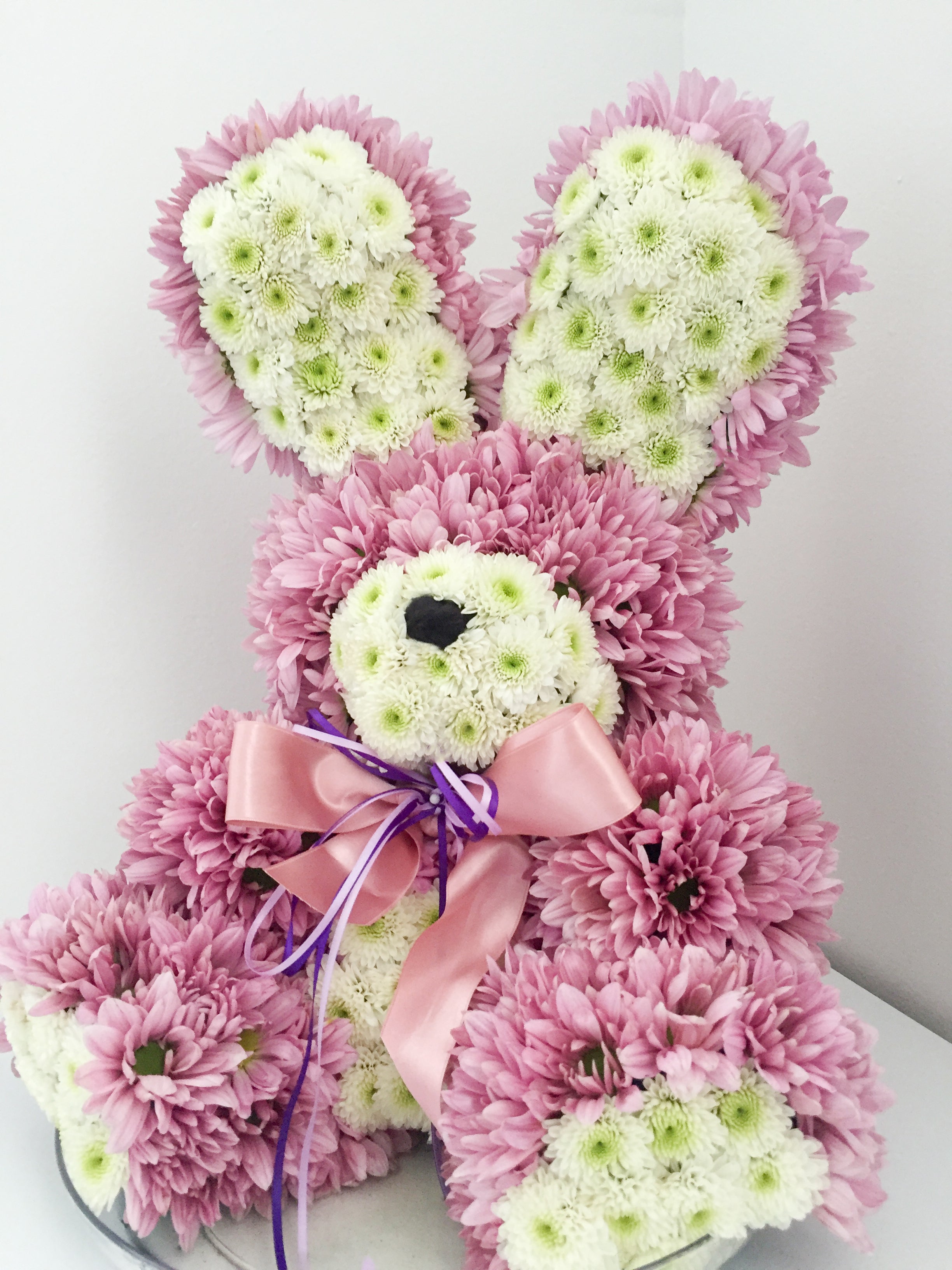 pink fresh flower rabbit made from real chrysanthemums