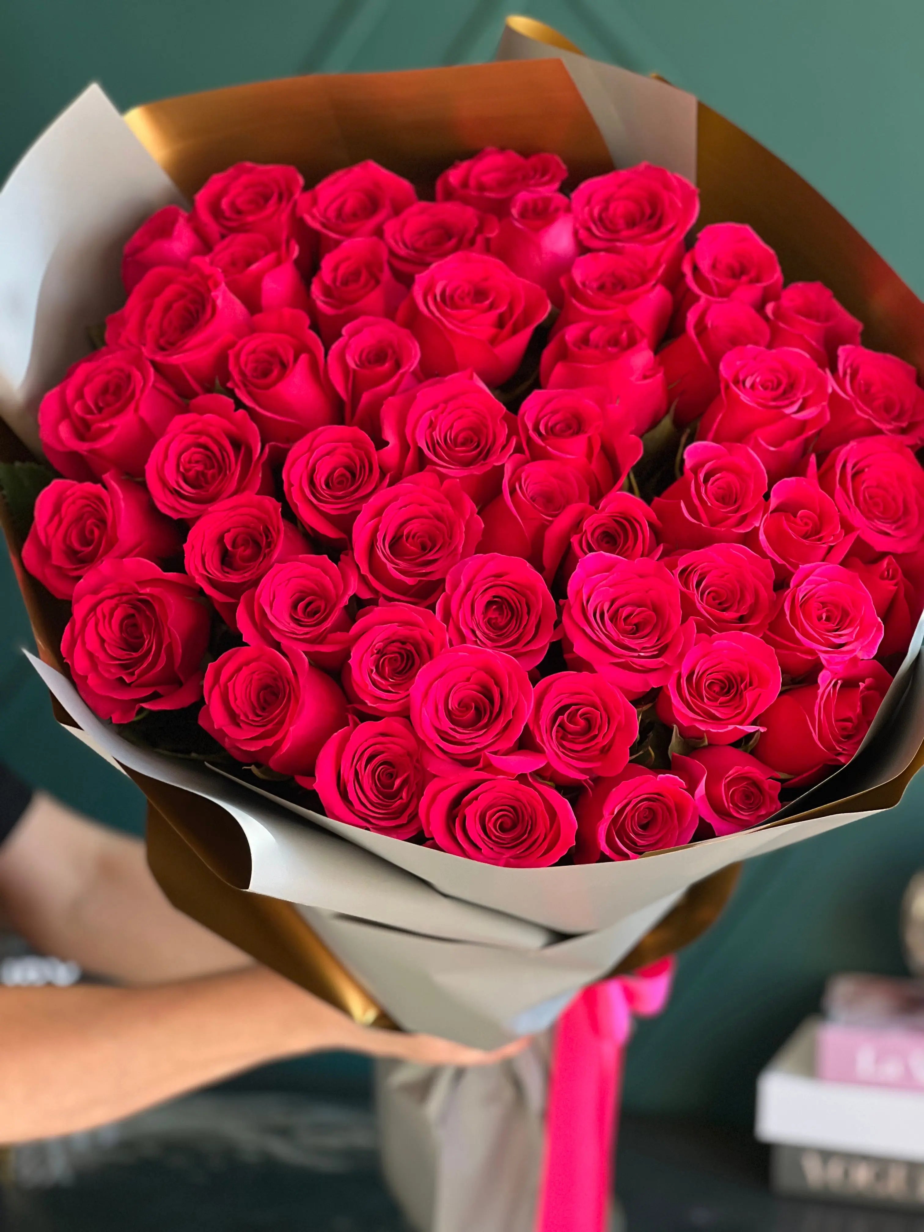 premium 50 hot pink roses wrapped bouquet Miami