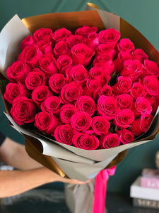 premium 50 hot pink roses wrapped bouquet Miami